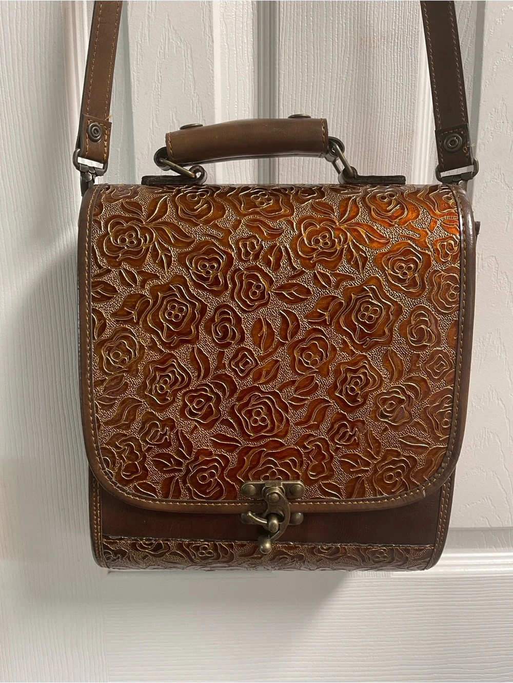 Hand-Tooled Floral Leather Satchel - Brown